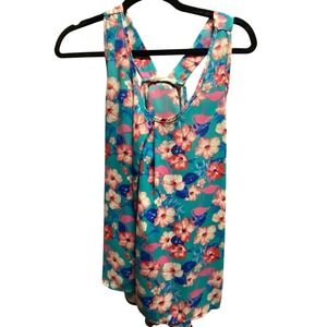 Peach Love California Floral Flamingo Tank Top Sleeveless Teal Blue medium EUC